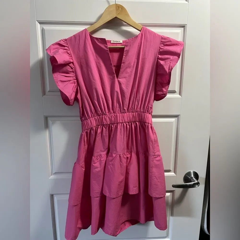 **SOLD** Sunday Up bright pink tiered v-neck dress with frill. - Picture 2 of 7